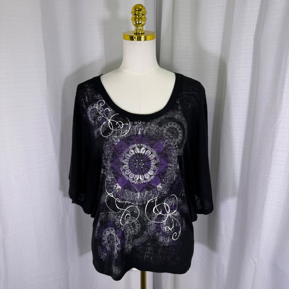 VTG Ransom Y2K Star‎ Mandala Celestial Top M Black Butterfly Sleeve Whimsygoth